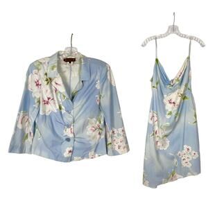 Vintage RENATO NUCCI Set 2Pc Jacket Dress 44~M Blue Pink Floral Bow Rush Long-Sl